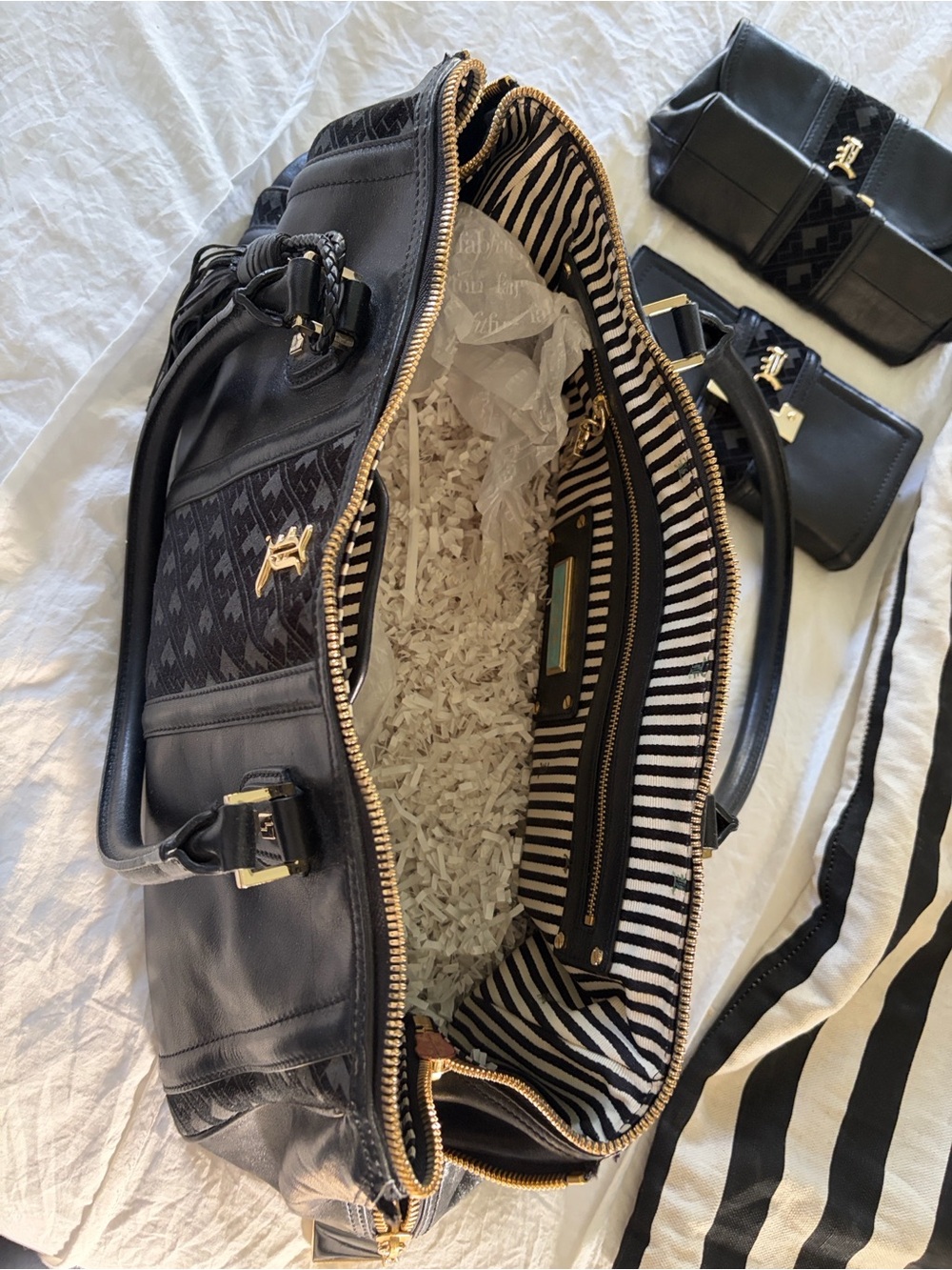 L.A.M.B. Black Leather Satchel with Striped Lining and Gold Hardware - Picture 2 of 4